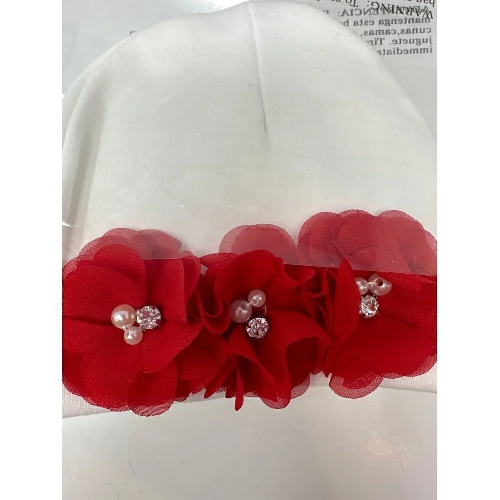 Handmade Infant Girl Beanie Hat Red White Neutral Christmas Holidays Valentines
